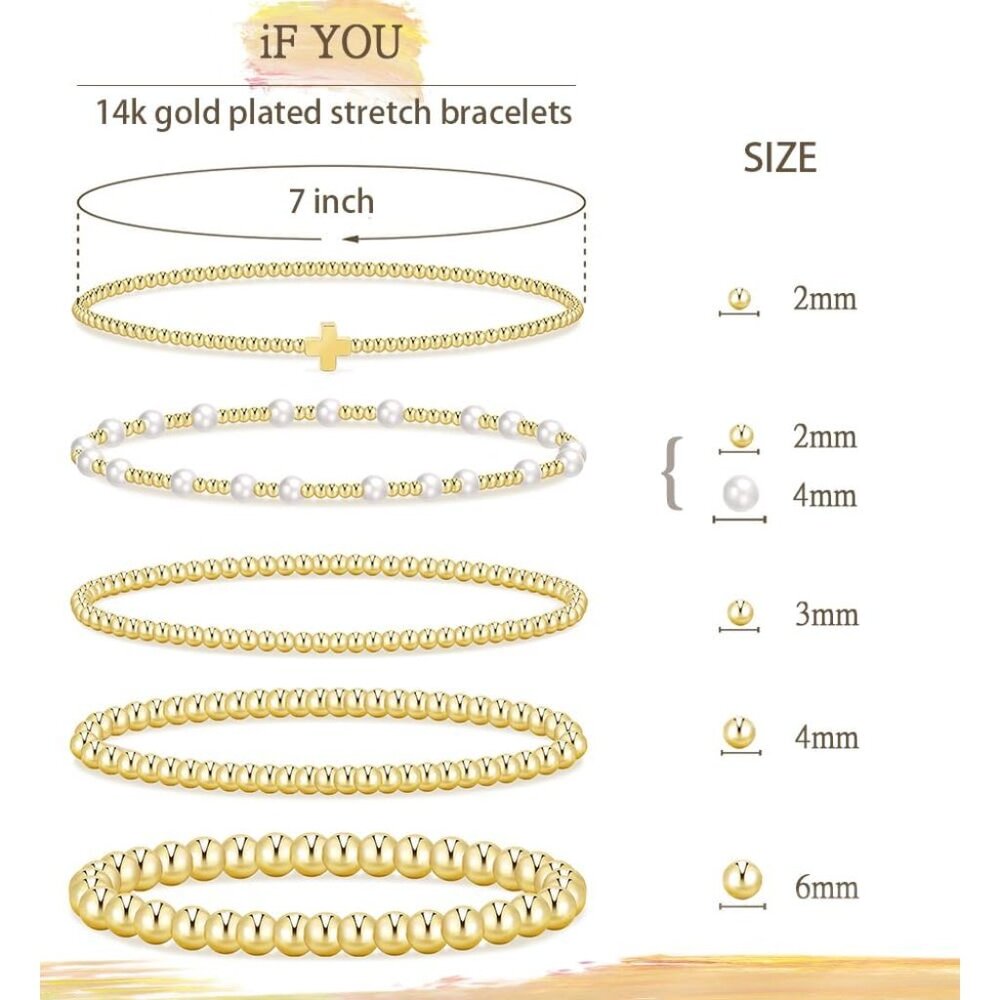 Gold Beaded Stackable Bracelets Set, Trendy 14k G… - image 2